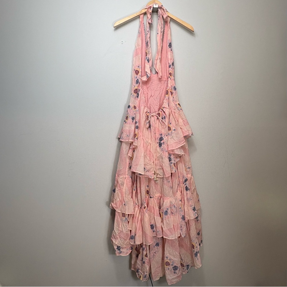 New Free People Stop Time Maxi Dress Sz M Halter Coquette Pink Cotton Tiered - Picture 14 of 15